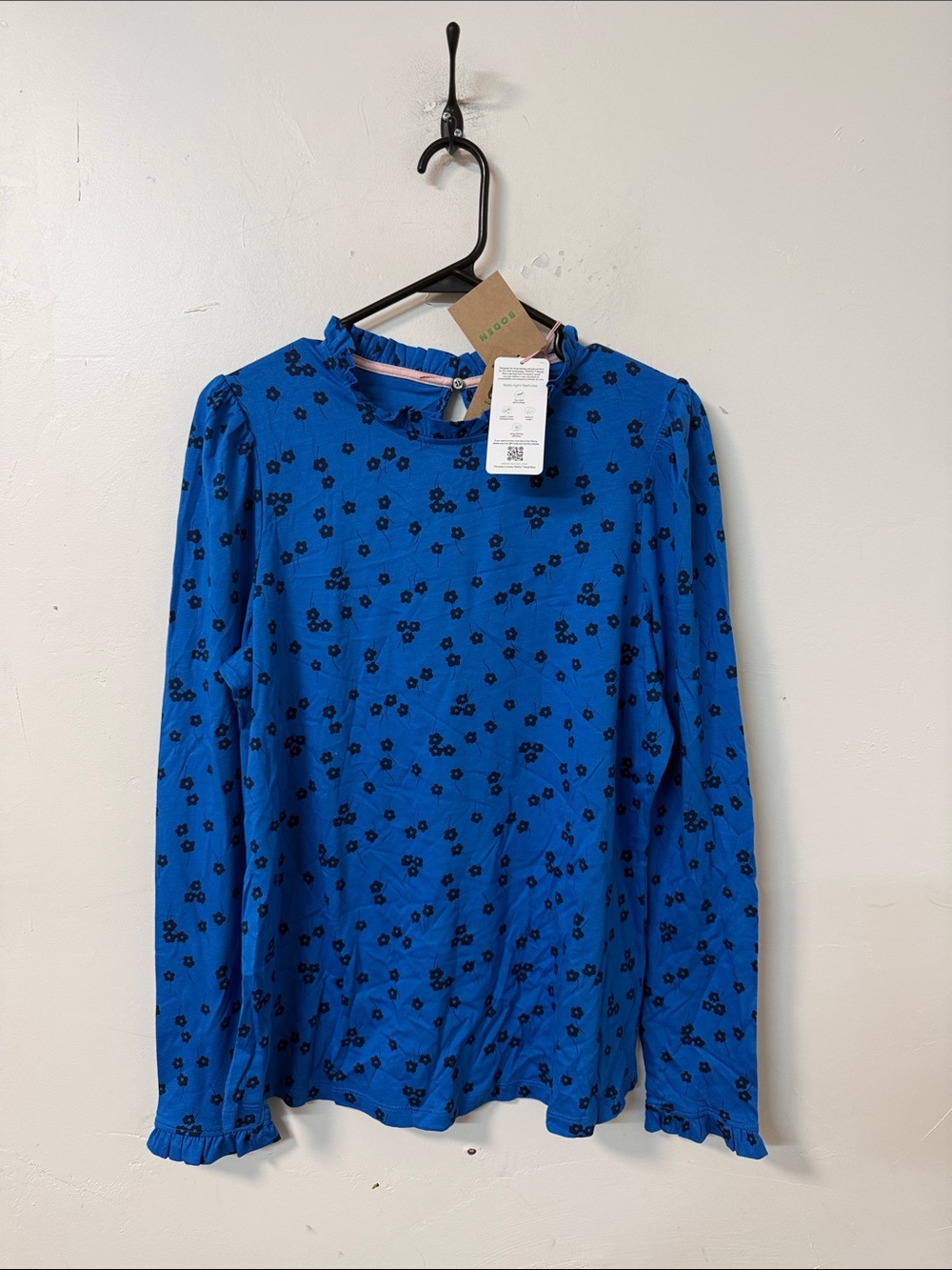 Boden Blue Floral Ruffle-Trim Long-Sleeve Tee